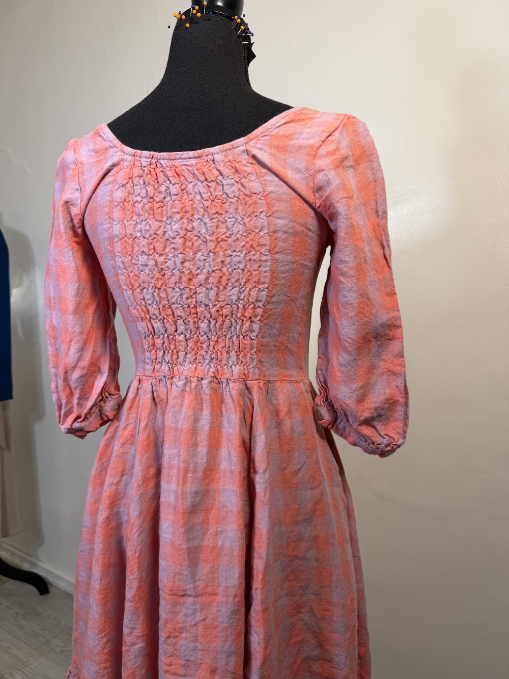 Women's Pink Gingham Check Midi Dress -3/4 Sleeved Ruffled Hem - Picture 11 of 11